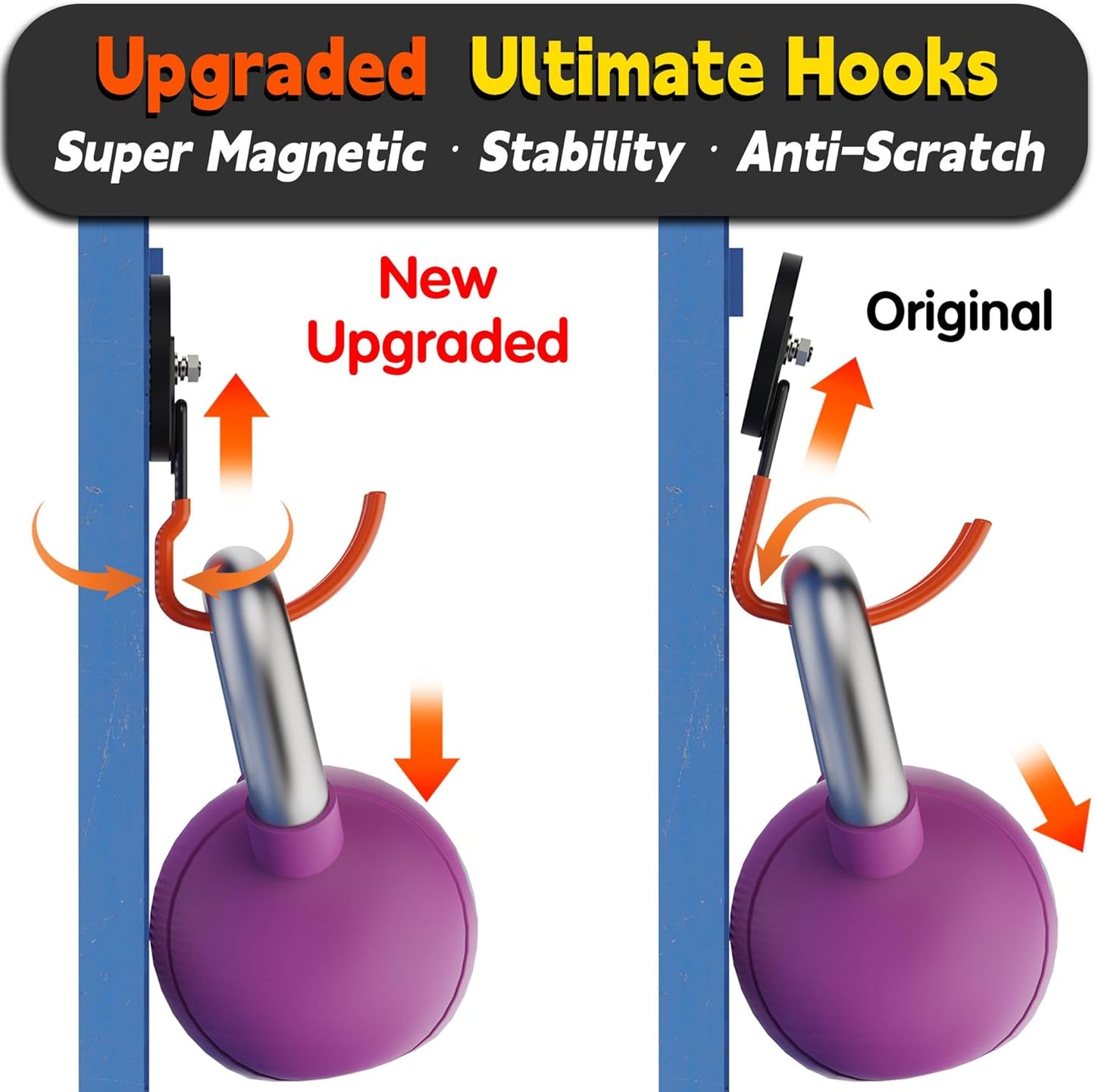 ULIBERMAGNET Ultra-Strong Magnetic Hooks - 40LB Hold for Heavy-Duty Tools | 2 Pack, Orange, 3.46 Inch