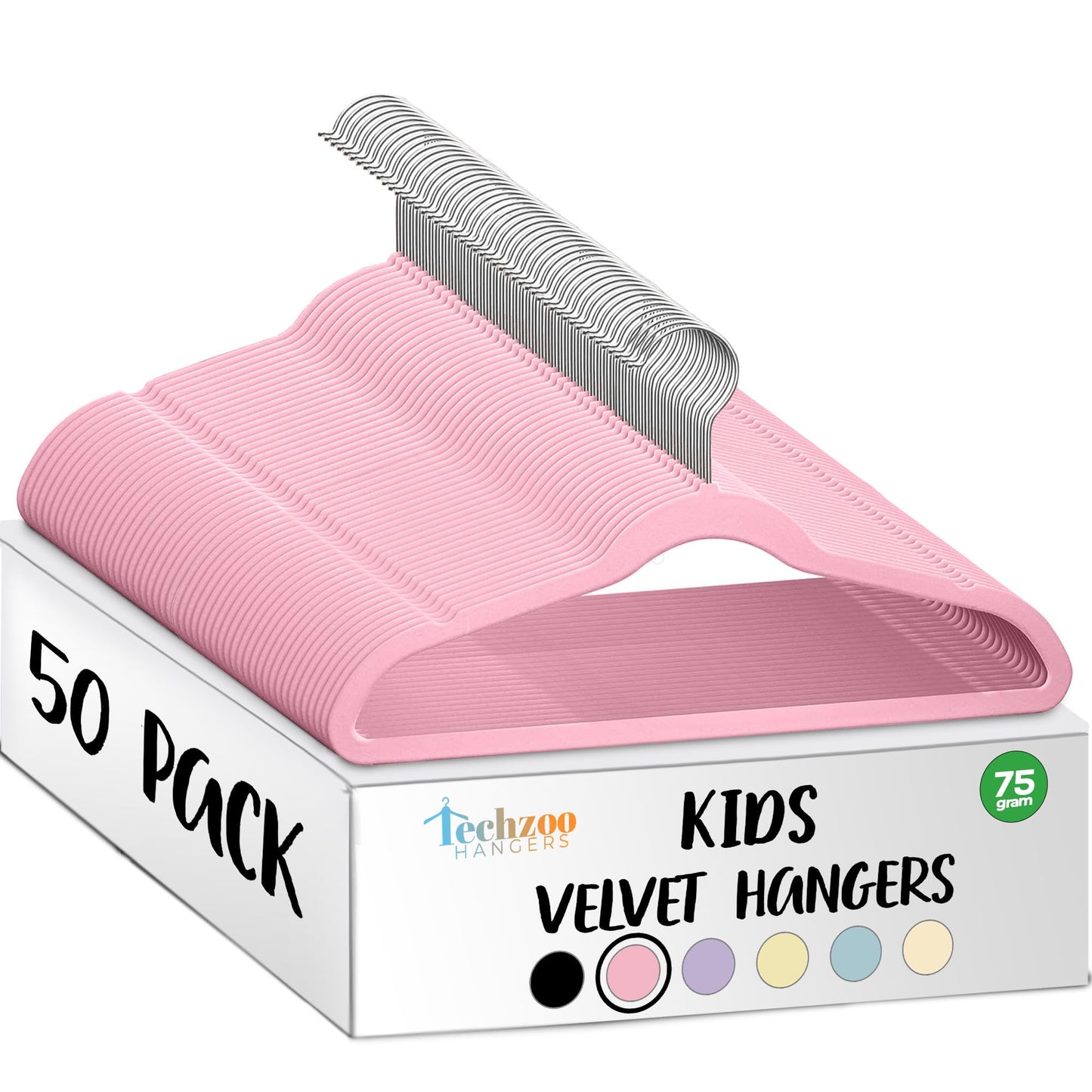 TechZoo 50 Premium Kids Velvet Hangers - 14" Non-Slip Clothes Hangers for Kids & Preteens - Ultra Slim, Space-Saving, Strong & Durable Hangers with 360° Swivel Hook - Pink