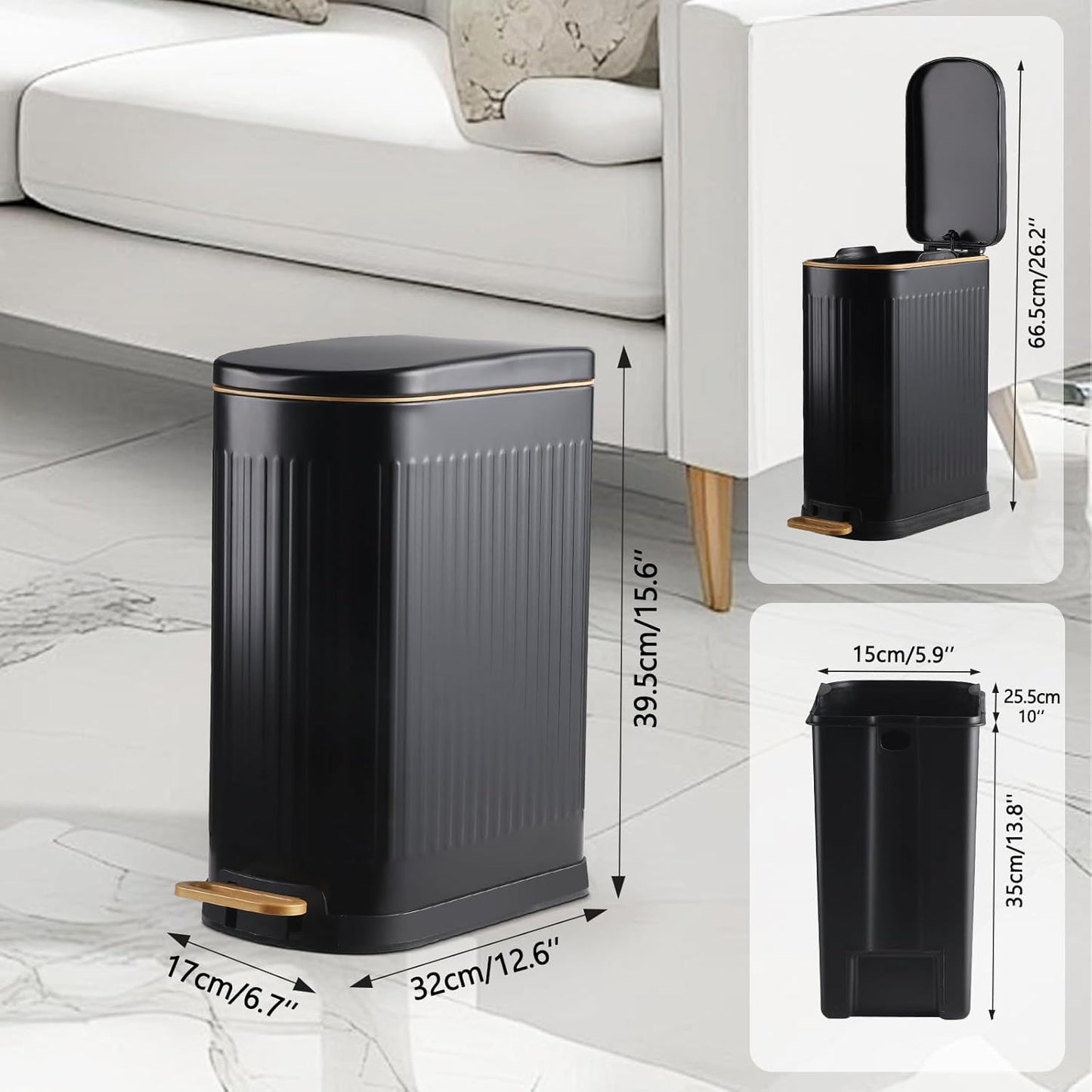 SYNCVIBE Slim Bathroom Trash Can - Stainless Steel Soft Close Step Bin | Removable Inner Bucket, Matt Black, 3.5 Gallons