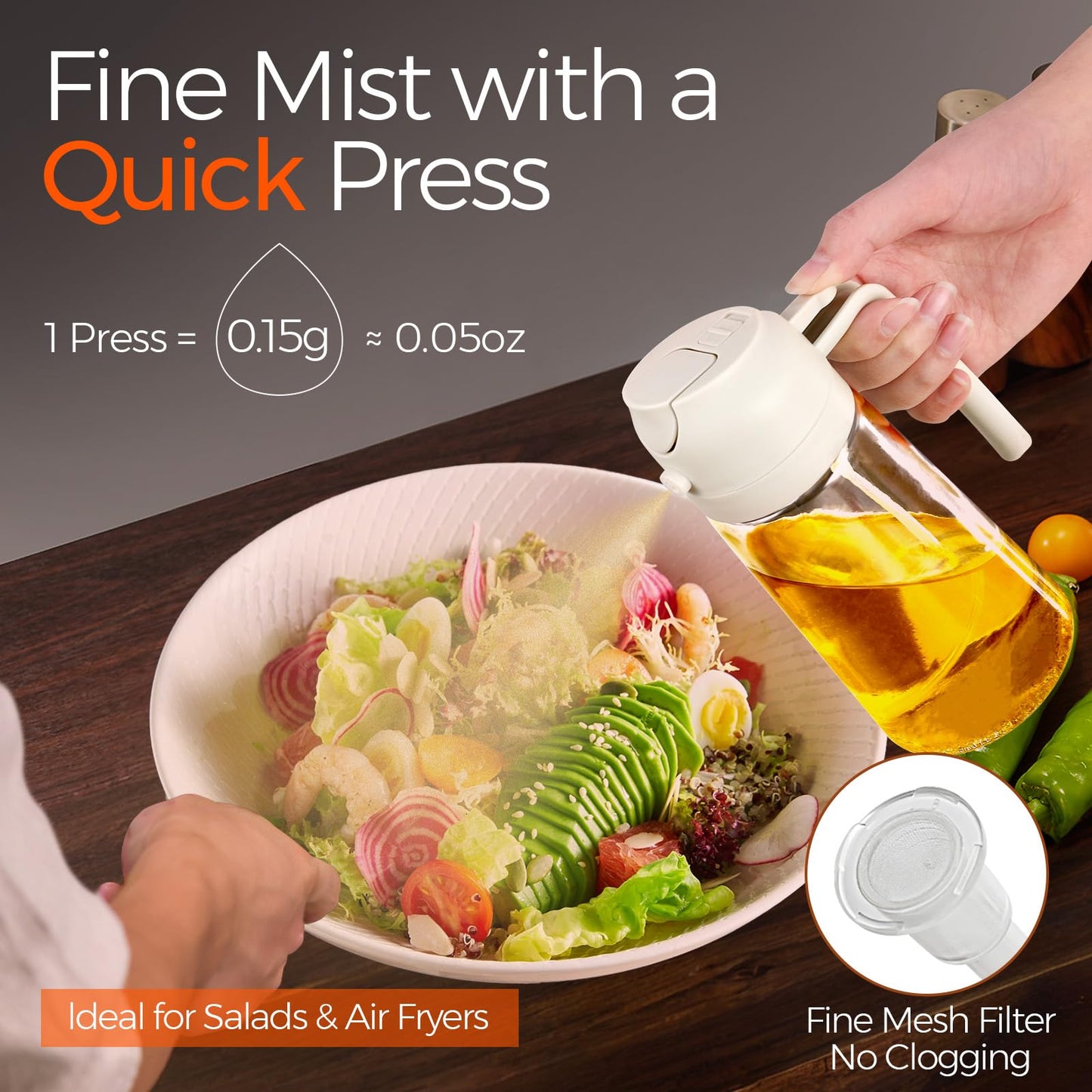 YARRAMATE 2Pcs 16oz/470ml 2 in 1 Oil Sprayer for Cooking with Stickers, Food-grade Glass Oil Spray Bottle, Oil Dispenser and Oil Sprayer for Kitchen, Salad, Frying, BBQ (White & Green)