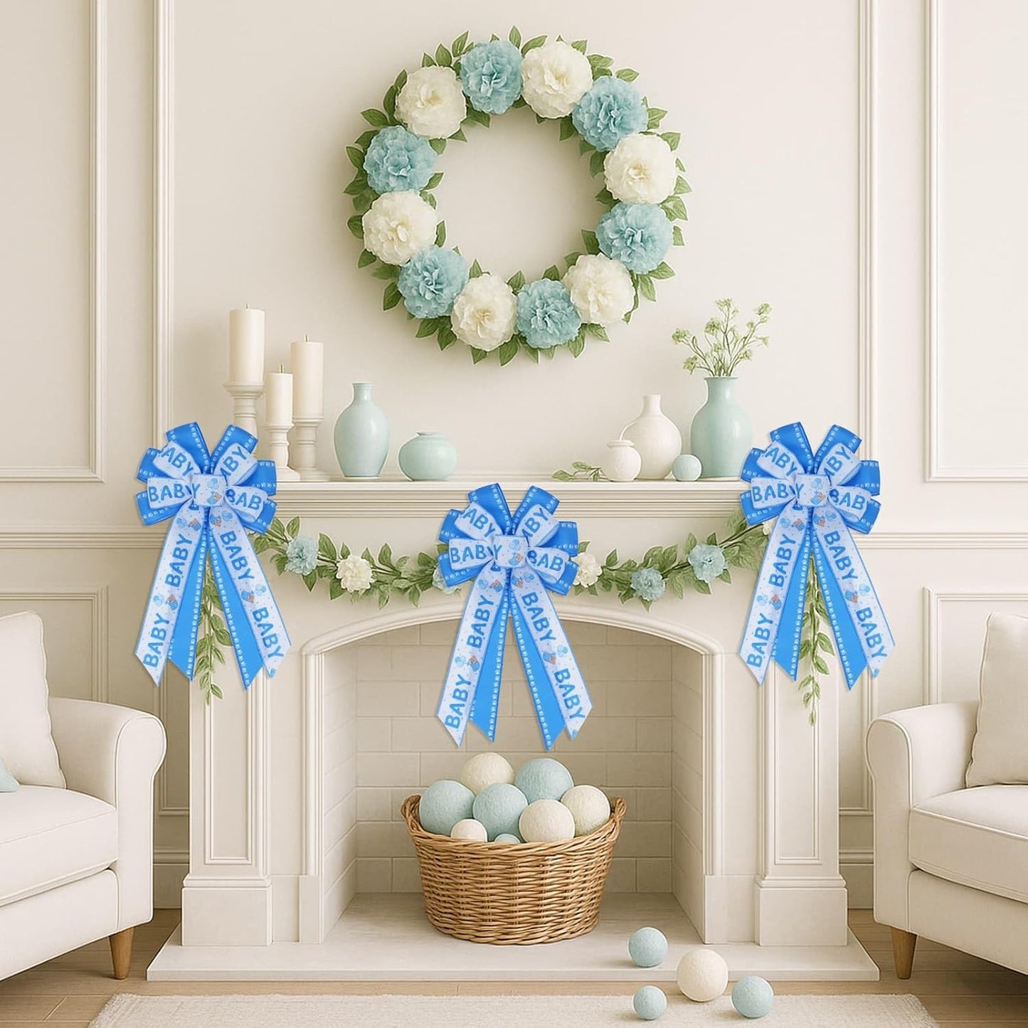 Large Blue Baby Shower Bow - Welcome Home Baby Boy Decorations | Indoor & Outdoor Wreath Decor