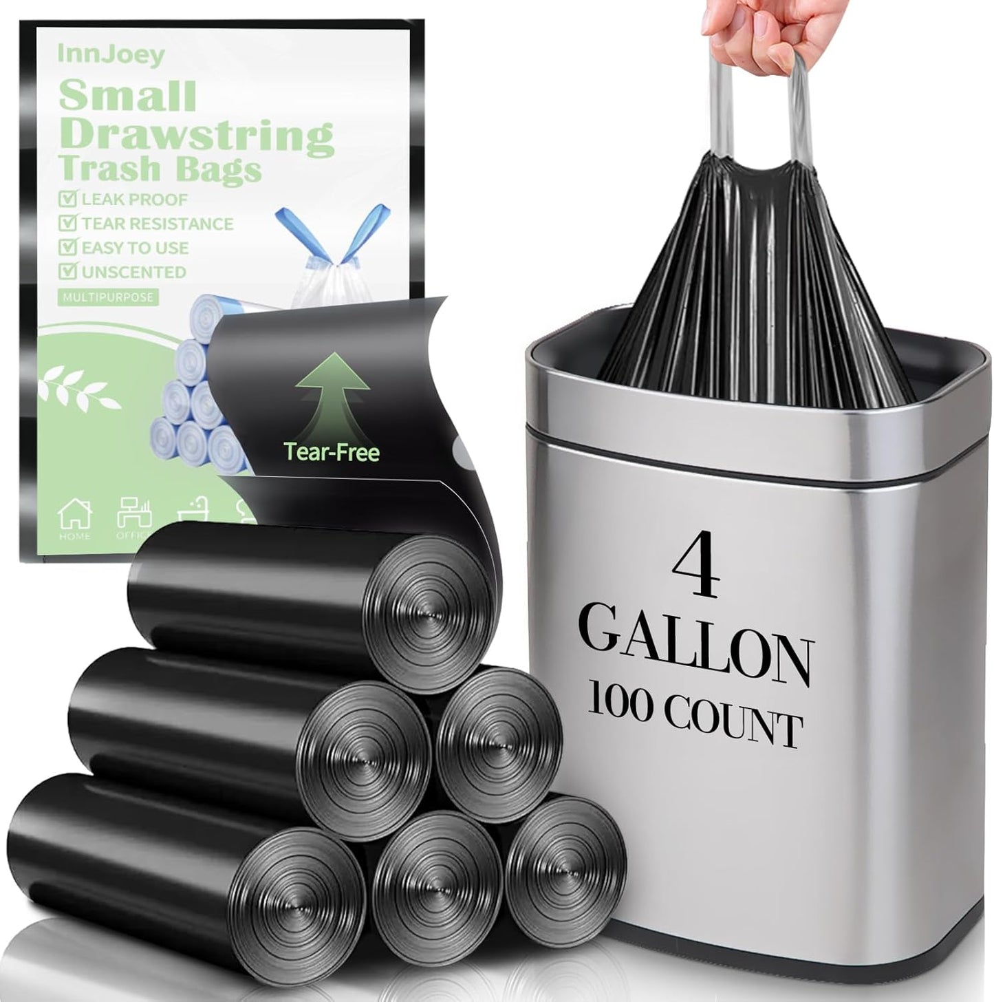 Skiennix Small Drawstring Trash Bags - 100 Count Thick 4-Gallon Liners for Bathroom & Office | Black