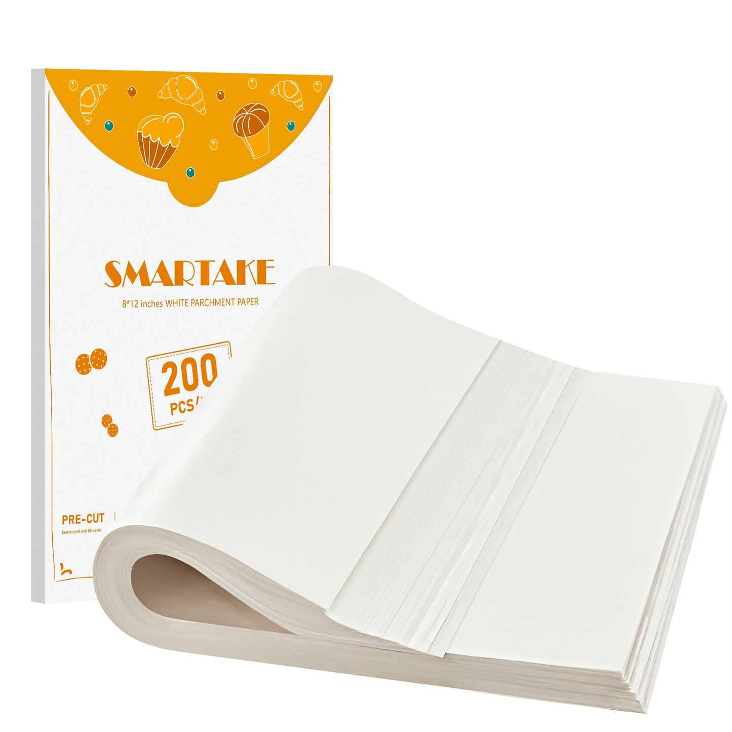 SMARTAKE 200 Pcs Parchment Paper Baking Sheets, 8x12 Inch Non-Stick Precut Baking Parchment, Suitable for Baking Grilling Air Fryer Steaming Bread Cup Cake Cookie and More (White)