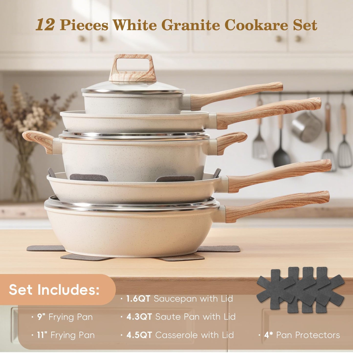 SODAY 12 Pcs Pots and Pans Set Non Stick, Cookware Sets White Granite Induction Cookware, Non-toxic Healthy Nonstick Kitchen Cooking Set with Frying Pan Set, Saucepans (PFAS/PFOA/PFOS Free)