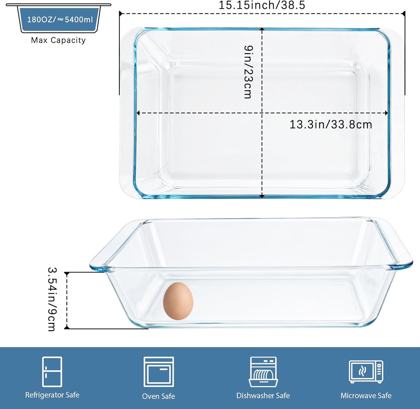 Skiennix 5.7qt Extra Large Glass Baking Dish - Deep 9x13 Tempered Oven & Microwave Safe