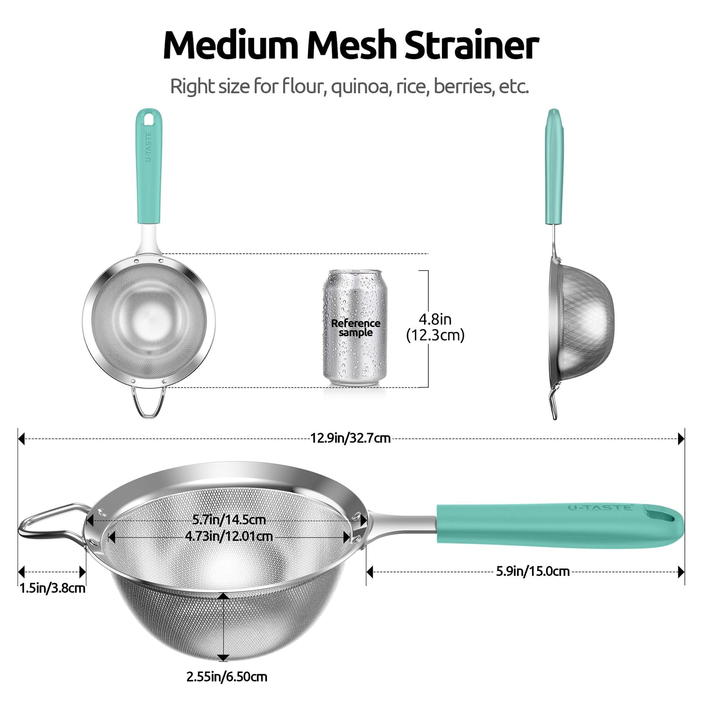 U-Taste Medium Fine Mesh Strainer: 18/8 Stainless Steel 4.73in 30 Mesh Kitchen Food Sieve with Sturdy Riveted Silicone Handle, Heavy Duty Deep Handheld Metal Colander for Rice, Quinoa, Flour(Aqua Sky)
