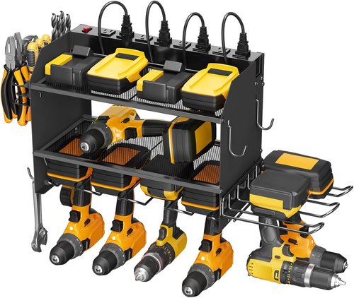 CCCEI Modular Power Tool Organizer - Wall Mount Charging Station with 8 Plug Power Strip | Heavy Duty Black Metal Shelf