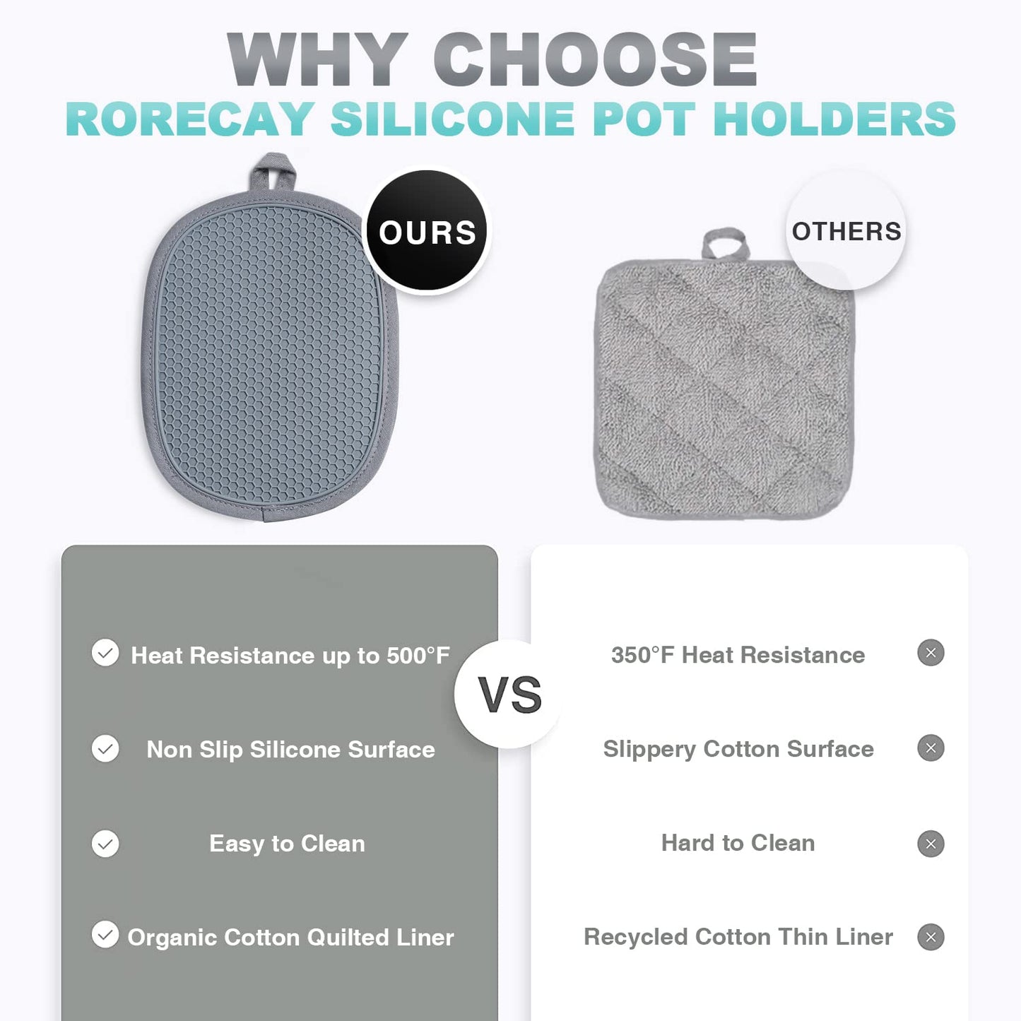 2-Pack Silicone Pot Holders for Kitchen Heat Resistant up to 500°F, Non-Slip Large Hot Pads with Pocket, Quilted Liner Trivets for Countertops Hot Pots and Pans (Gray)