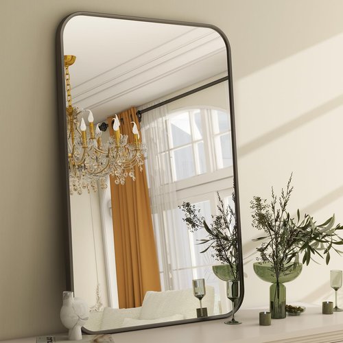Easly 24 x 36 Inch Bathroom Mirror, Rounded Rectangular Vanity Mirror for Wall, Modern Mirror for Room Decor, Black Framed Wall-Mounted Mirrors for Home Decor, Hangs Horizontally or Vertically