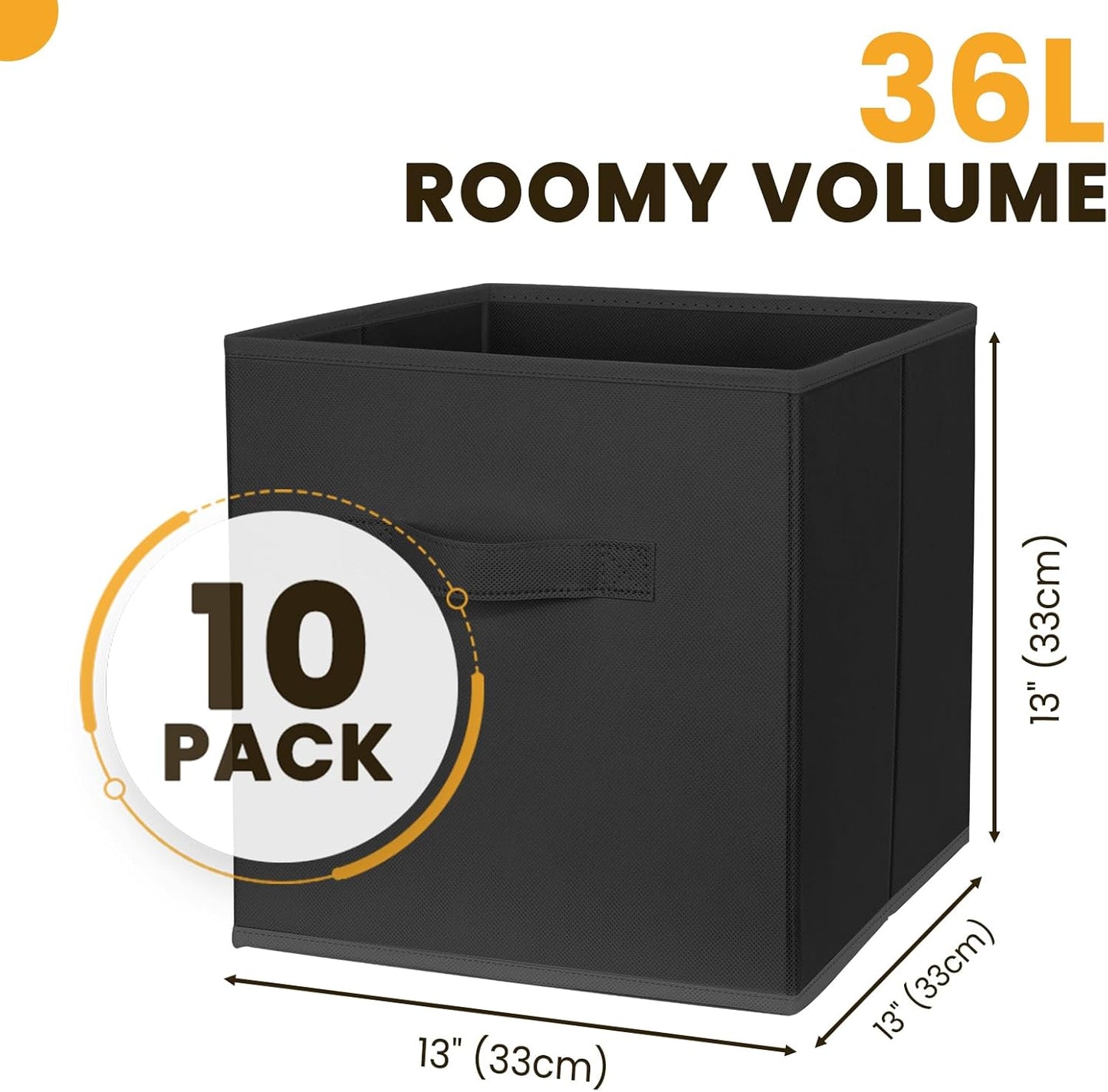 Large Storage Cubes | 13-Inch Organizing Bins for Kallax Shelves - 10 Pack Collapsible Black Storage Boxes