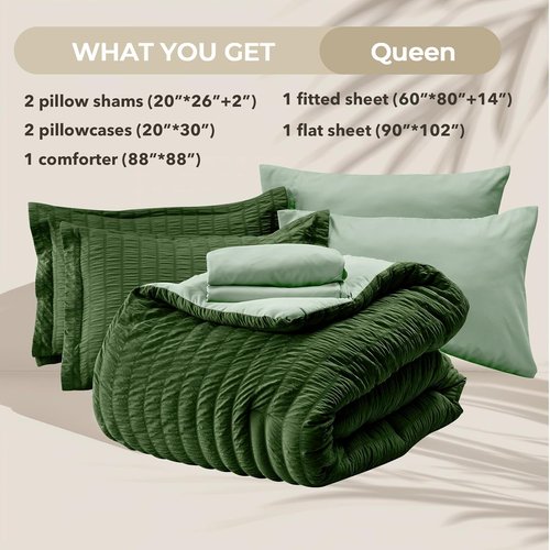 HYMOKEGE Queen Comforter Set - Luxury 7-Piece Bedding Set in Dark Green/Sage Green | All-Season Seersucker Design