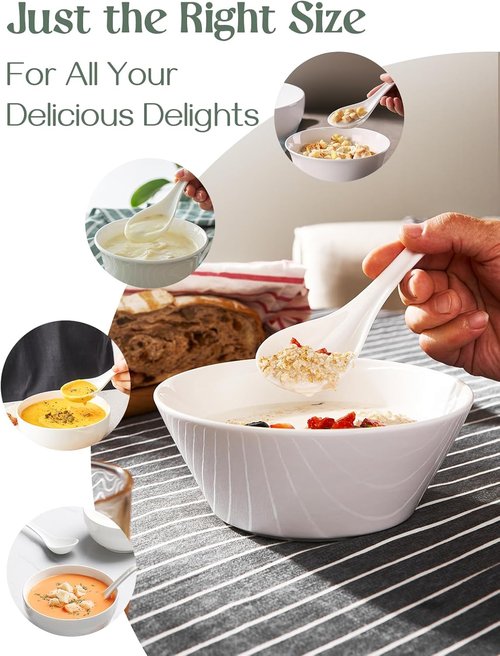 DOWAN Ceramic Soup Spoons - Large White Japanese Design for Ramen & Pho | Set of 4