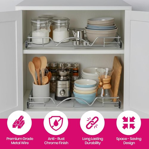 HOLDN’ STORAGE Pull Out Cabinet Organizer - Heavy Duty Caddy with Lifetime Warranty | 30”W x 21”D, Chrome Steel Drawers