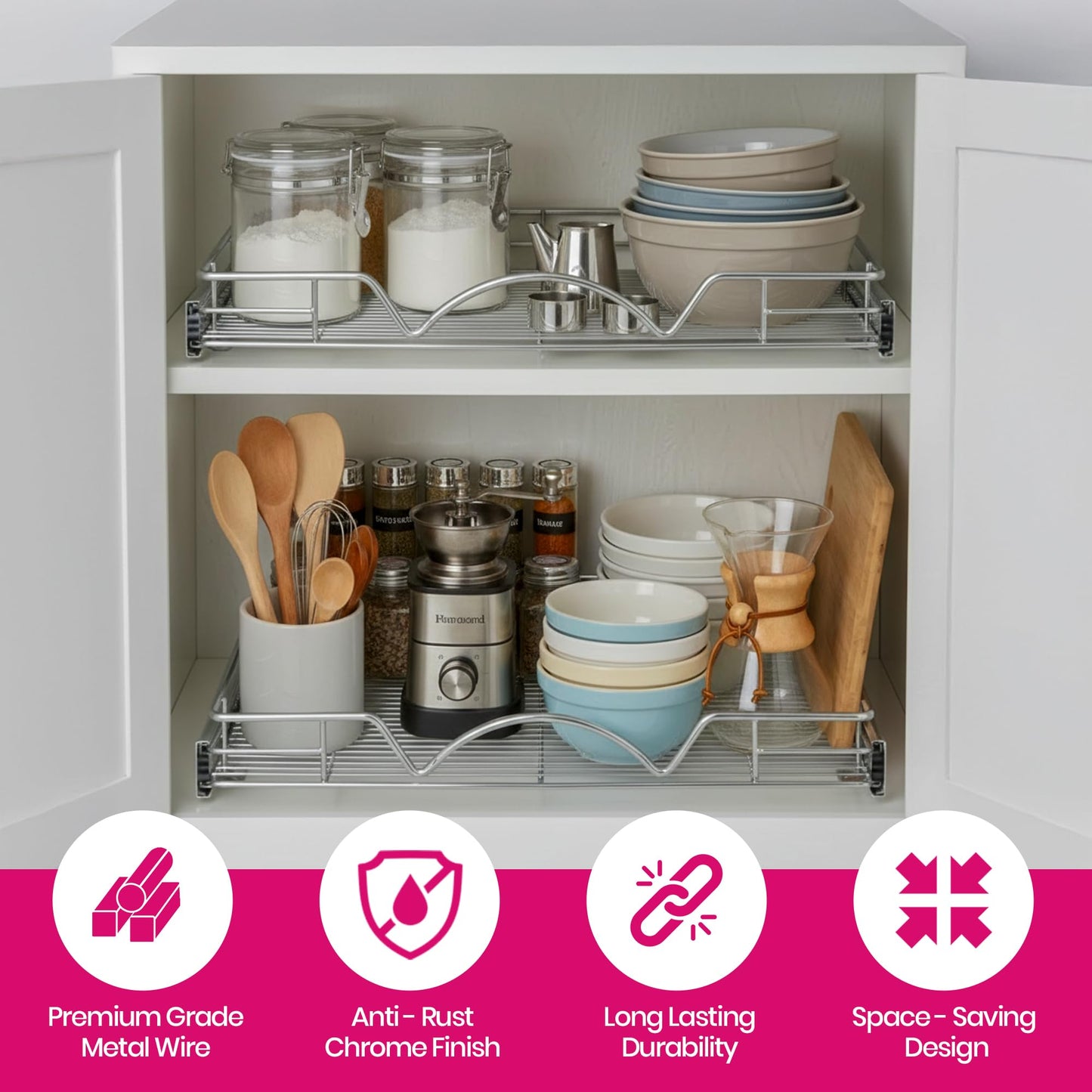 HOLDN’ STORAGE Pull Out Cabinet Organizer - Heavy Duty Steel with Smooth Slide-Out Drawers, Chrome Finish - 20" W x 17" D Basket, Fits 21.25" Cabinet Opening