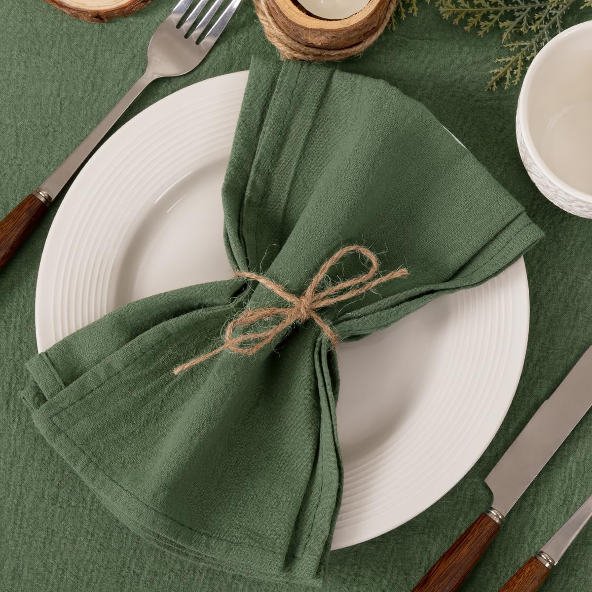 Socomi Cloth Napkins - Green Linen Cotton Set of 6 | Washable & Reusable 17"x17" for Thanksgiving & Events