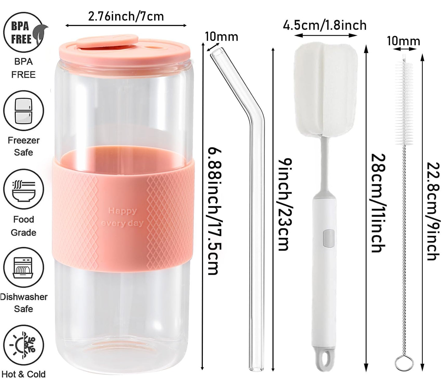 ASANMEYO 20oz Can Shaped Glass Cups with Silicone Lids and Glass Straw, 2PCS Drinking Glasses with Lids and Straws, and Silicone Sleeves, Beer Glasses, Iced Coffee Cups, Soda, Gift - Pink
