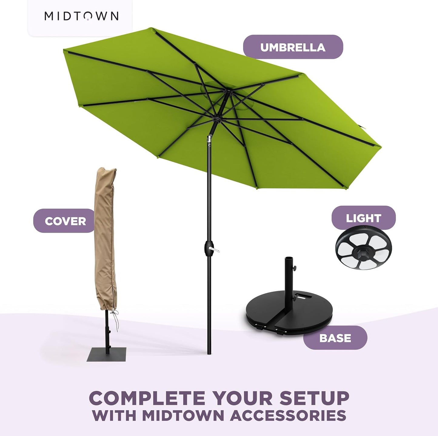 Midtown Umbrellas 9 Ft Patio Umbrella - 10-Year No-Fade Terylast Fabric, Auto-Tilt Frame | Pear Green Canopy, Black Pole