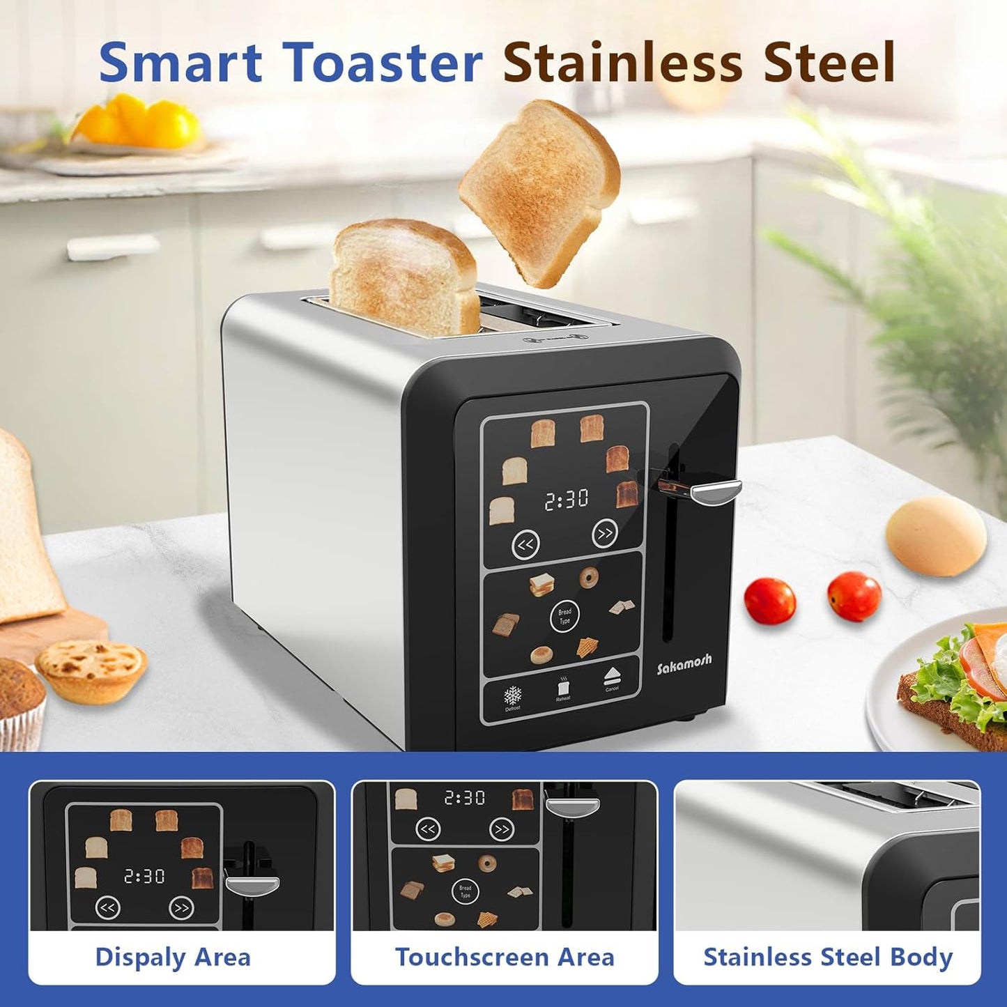 SAKAMOSH 2-Slice Toaster - Smart Digital Display with 6 Browning Levels & 1.3" Wide Slots - Stainless Steel, 800W