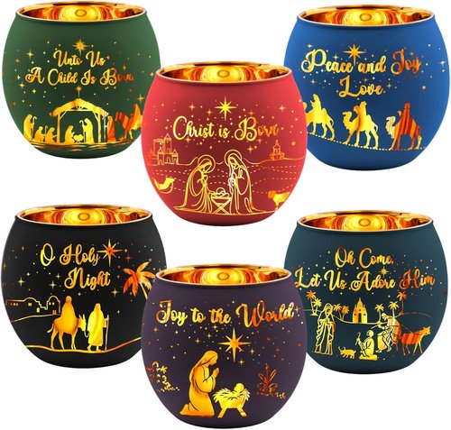Jingmore Christmas Nativity Scene Votive Candle Holders - 6 Glass Holders with Laser Engraved Designs for Holiday Decor