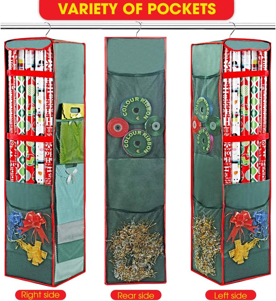 ProPik Christmas Wrapping Paper Storage Bag - Swivel Hanger with Multiple Pockets | Holds 25 Rolls, 40 Inch, Green