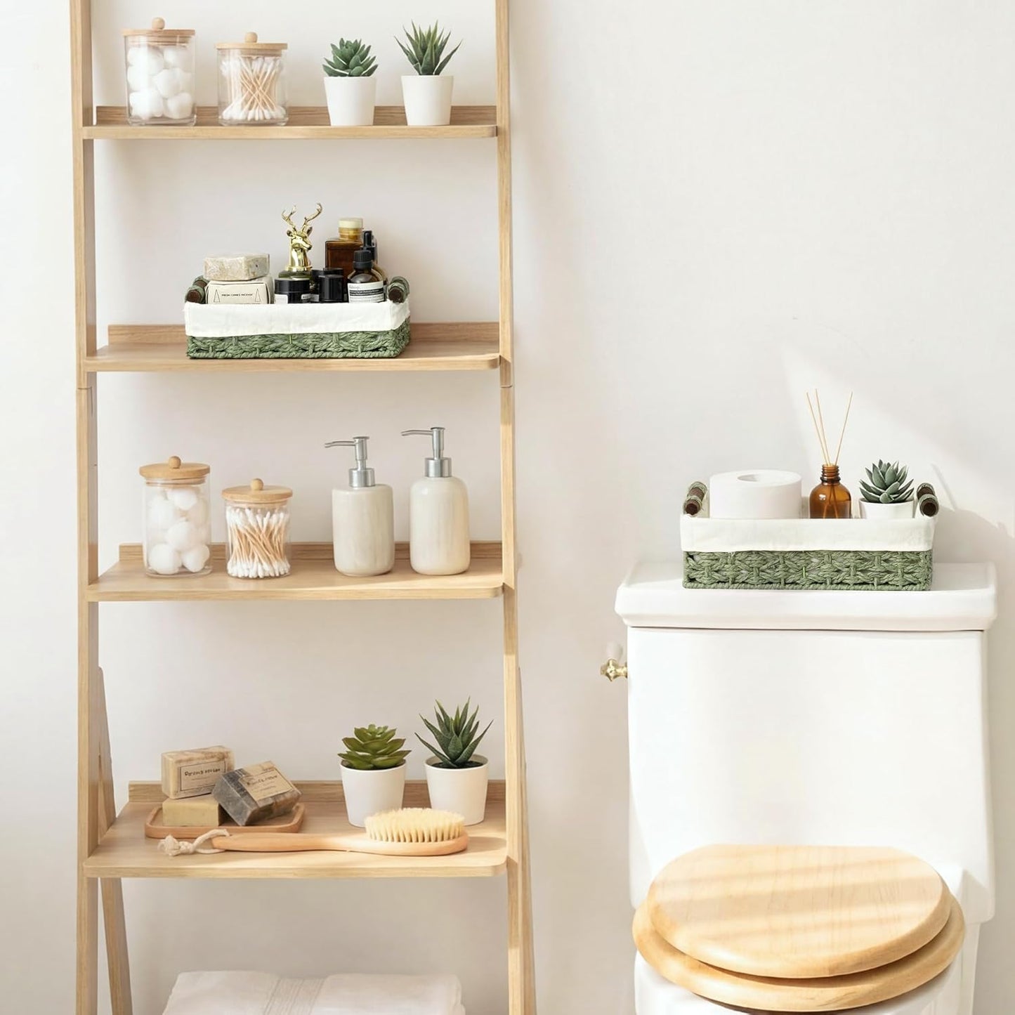 StorageWorks Small Wicker Baskets - Organizing with Handles & Liner | Green Paper Rope Bathroom Storage, 2 Pack