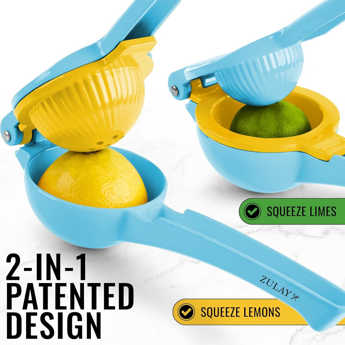 Zulay 2-In-1 Metal Lemon Squeezer - Sturdy Manual Juicer for Maximum Juice Extraction - Easy to Clean - Blue/Yellow