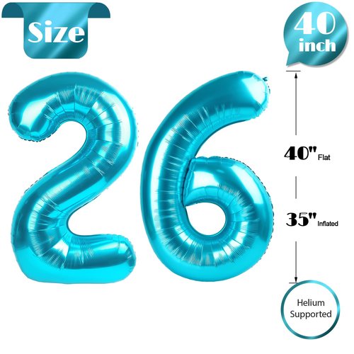 Blue Number 26 Balloon 40 inch, 26 Number Balloons, 26th Blue Birthday Decorations, 26 Year Old Women Men blue Party Supplies