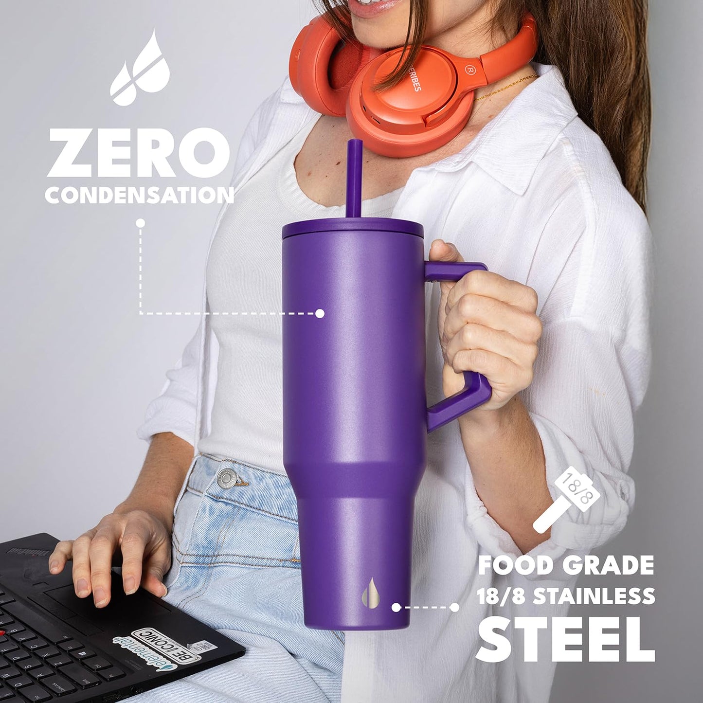 Elemental 40 oz Tumbler with Handle and Straw - Spill Proof Insulated Stainless Steel Commuter for Cold Beverages - Travel Coffee Mug with 2 Straws & Spill Proof Lid - 40oz - Purple