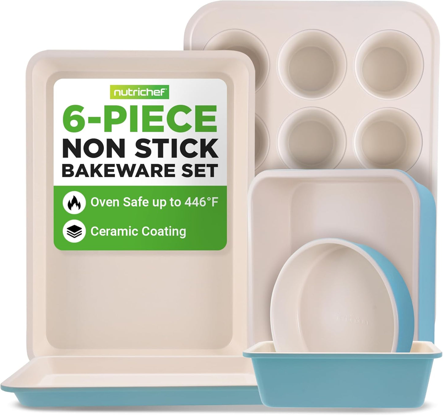 NutriChef 6-Piece Baking Pan Set | Premium Carbon Steel Bakeware with Non-Stick Coating - Turquoise