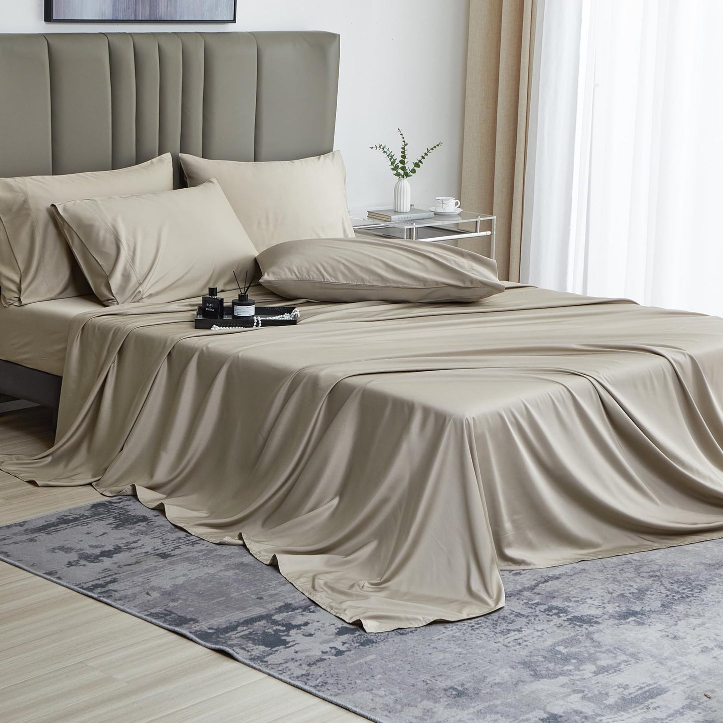 David's Home 6PCS Cooling Sheets Set Queen Size, 100% Rayon Derived from Bamboo, 16" Deep Pocket 2.5cm Wider Elastic, Luxury Silky Breathable for Hot Sleeper,Breathable Smooth Soft, Light Taupe