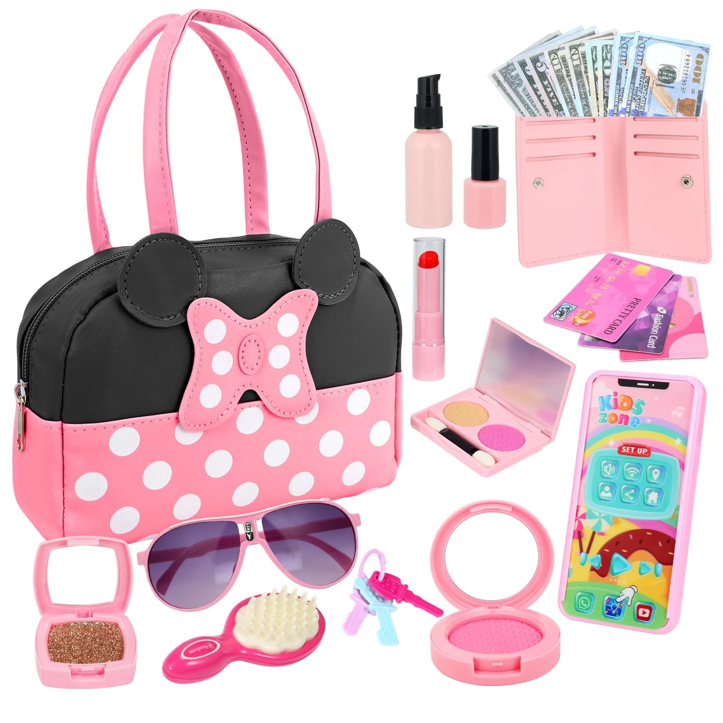 Pretend Play Purse for Little Girls, Toddler Purse with Pretend Makeup Toys for Toddlers, Princess Pretend Play Purse Toys with Accessories, Kids Purse Toy Birthday Gift for Girls Age 3 4 5 6+