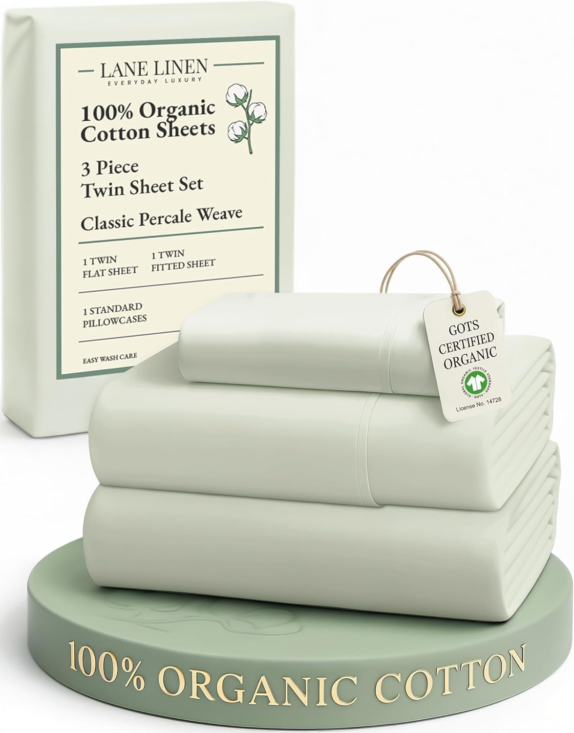 LANE LINEN 100% Organic Cotton Twin Sheets - Soft Percale Weave, Temperature Regulating, Mineral Color