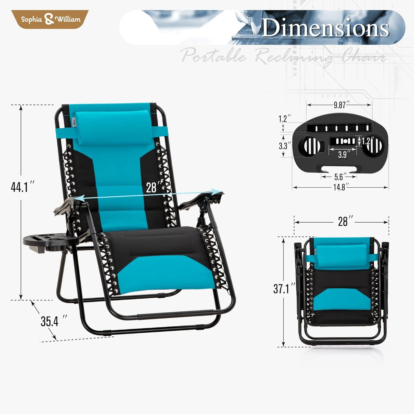 Sophia & William Oversized Zero Gravity Chair Set - Padded Folding Lounge Chairs with Cup Holder, Aqua Blue, 400 LBS Support