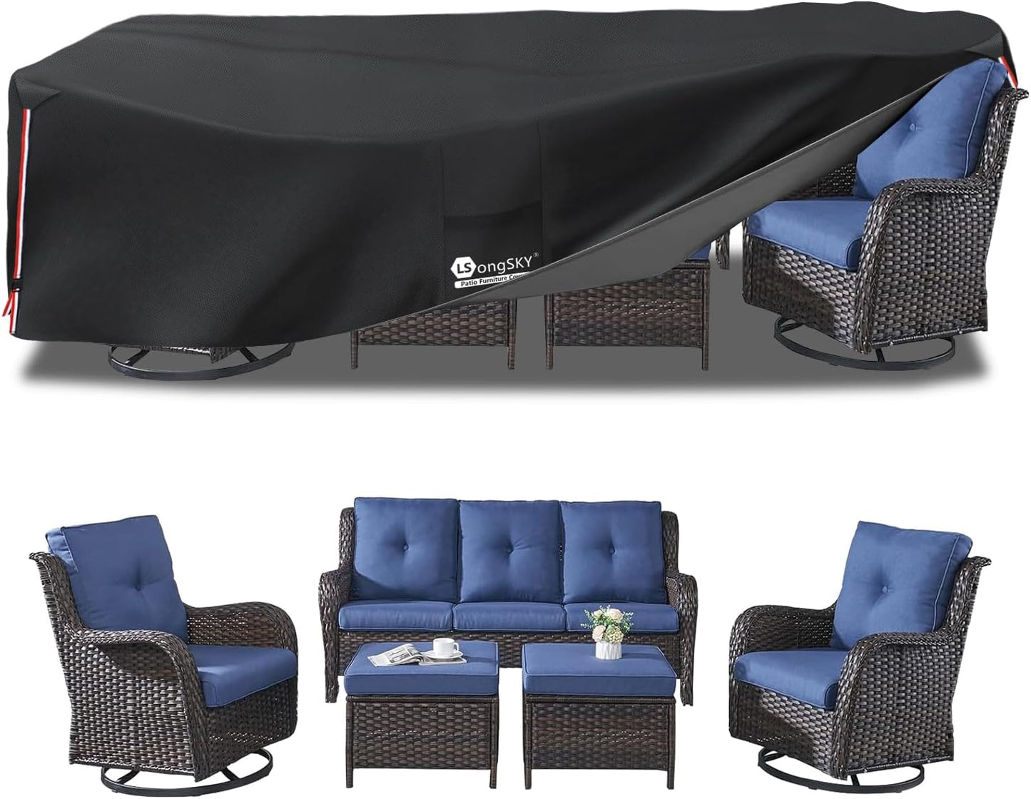 Outdoor Furniture Covers - Waterproof 600D Heavy Duty Protection for 6-8 Piece Patio Sets | Black 111L x 74W x 28H Inch