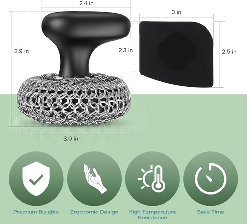 Cast Iron Scrubber - 316 Chainmail Cleaner for Pans | Durable Dish Scrub Brush - Dishwasher Safe, Black