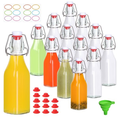 CAKKVDE 12 Pack 8oz Swing Top Glass Bottles,Flip Top Glass Bottle,Square Bottles with Airtight Stoppers for Kombucha, Kefir, Vanilla Extract, Beer