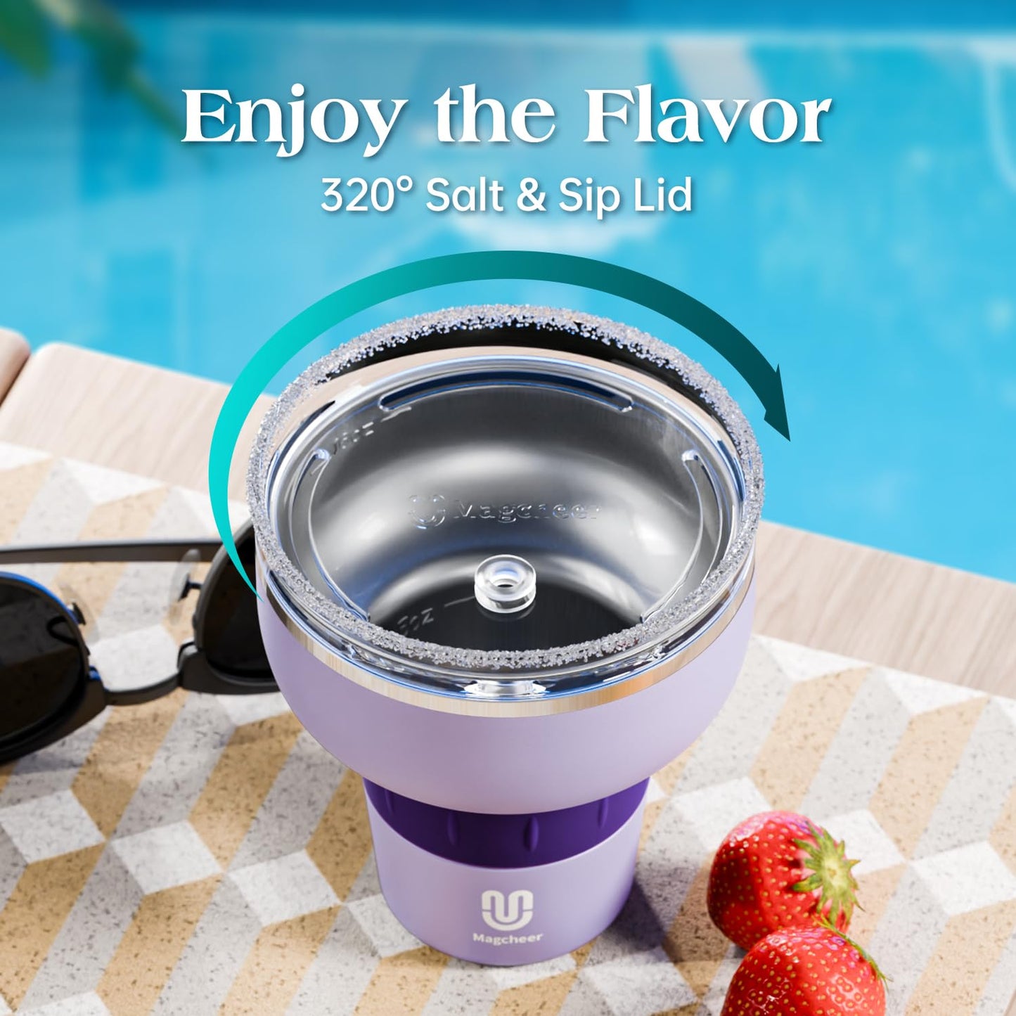 magcheer 16 oz Cocktail Tumbler with Lid and Straw - Stainless Steel Insulated Margarita Tumbler - 320° Sippable Stemless Wine Cup for Party | Purple