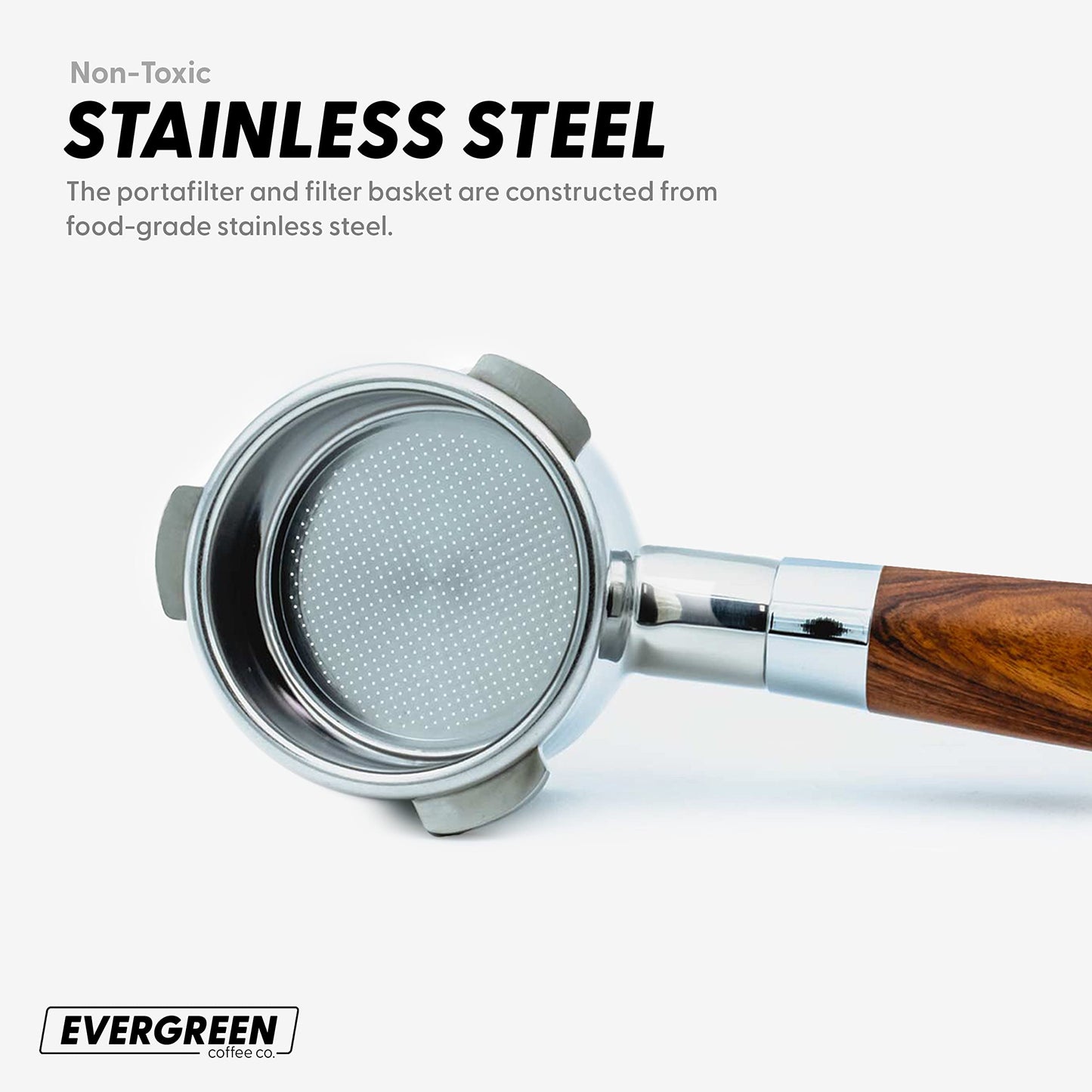 Evergreen Coffee | 54mm Bottomless Naked Portafilter Wood Handle with filter basket + Tamp Mat 304 Stainless Steel. For Breville Barista Express Pro touch, BES870XL, BES870BSXL, BES78VSS, BES880BSS
