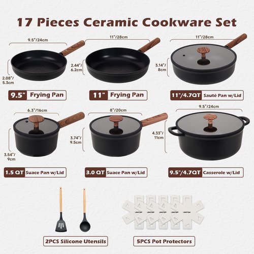 JEETEE Ceramic Cookware Sets 17 pcs, Healthy Pots and Pans Set Non Stick, Induction Kitchen Cooking Set with Removable Handles, Stackable Pots Pans, Oven Safe, PFOA/PFOS Free, Black