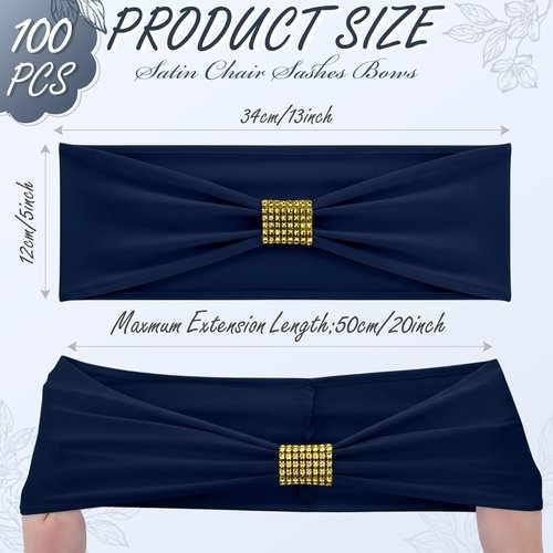 Hahafelt Spandex Chair Sashes with Rhinestone Buckle - 100 Pcs Navy Blue Bowknot Ties for Weddings & Events