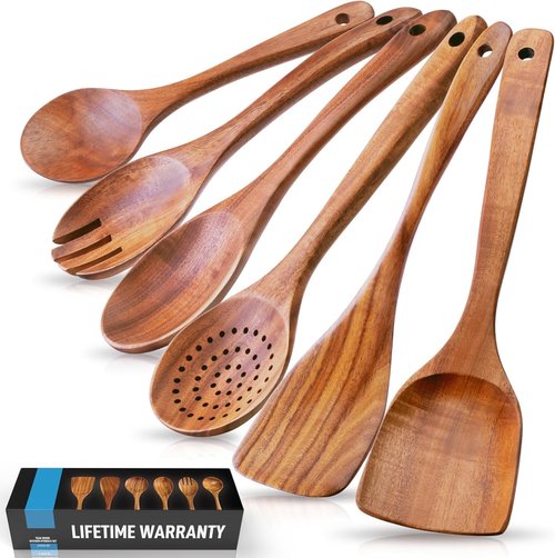 GLOZ Kitchen 6-Piece Wooden Spoons for Cooking-Smooth Teak Wooden Utensils for Cooking Comfort-Grip Wood Spoons for Cooking spoons