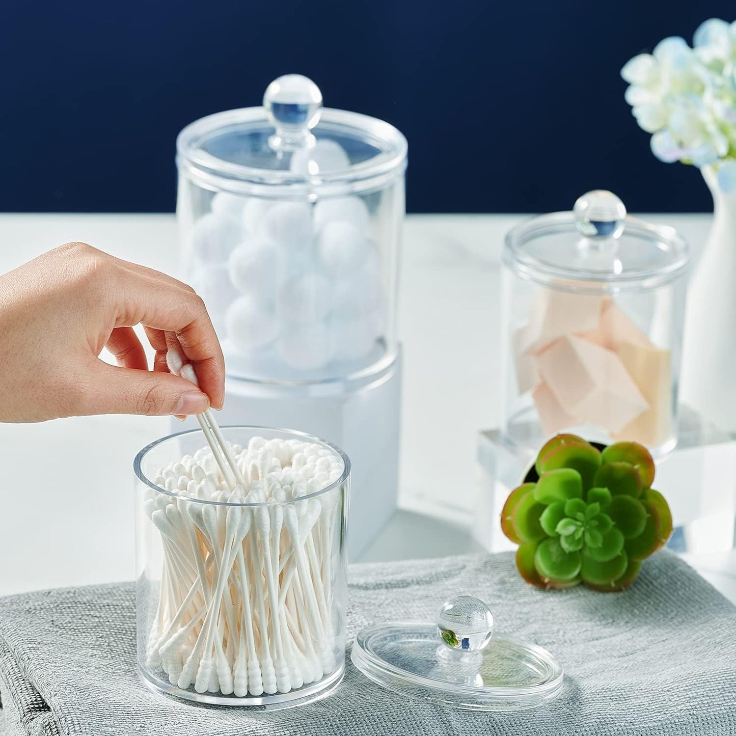 SheeChung Clear Acrylic Apothecary Jars - 6-Pack (3) 10oz & (3) 12oz Qtip Holder Set | Shatterproof Bathroom Organizer