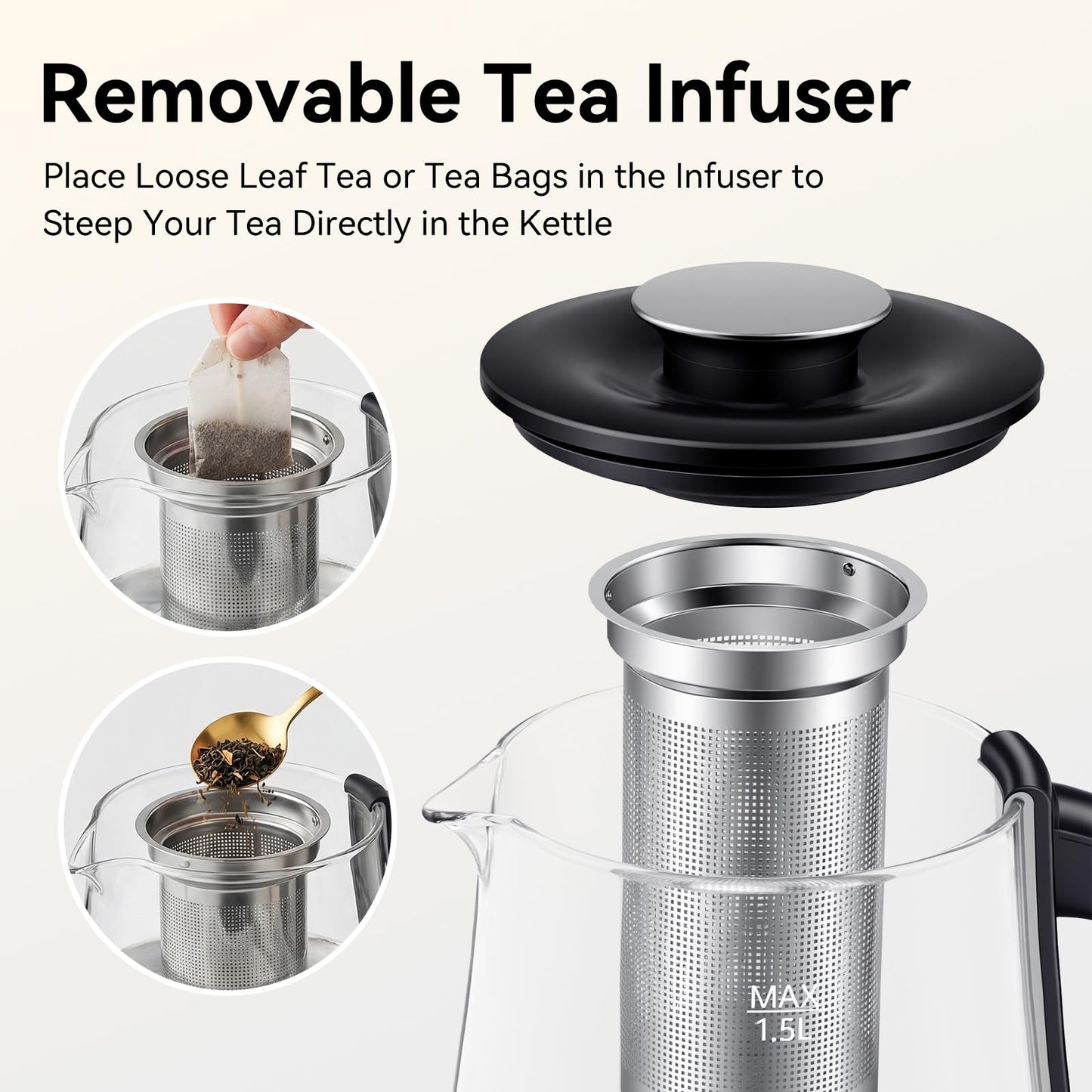 olayks Electric Kettle with Infuser, Hot Water Kettle Electric Tea Kettle with Temperature Control, 2H Keep Warm, 1200W Fast Heating for Boiling Water Tea Coffee, 1.5L