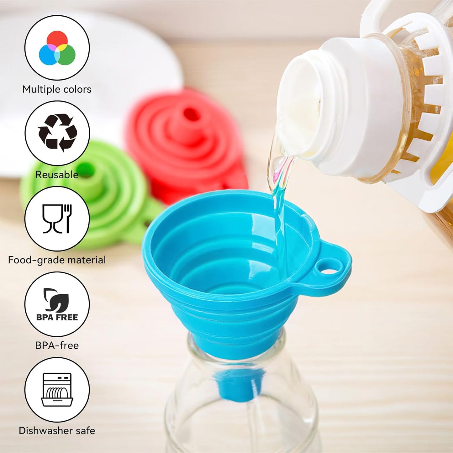 Skiennix Kitchen Funnel Set - 4 Pack Foldable Silicone Funnels for Easy Liquid Transfer | Small Size