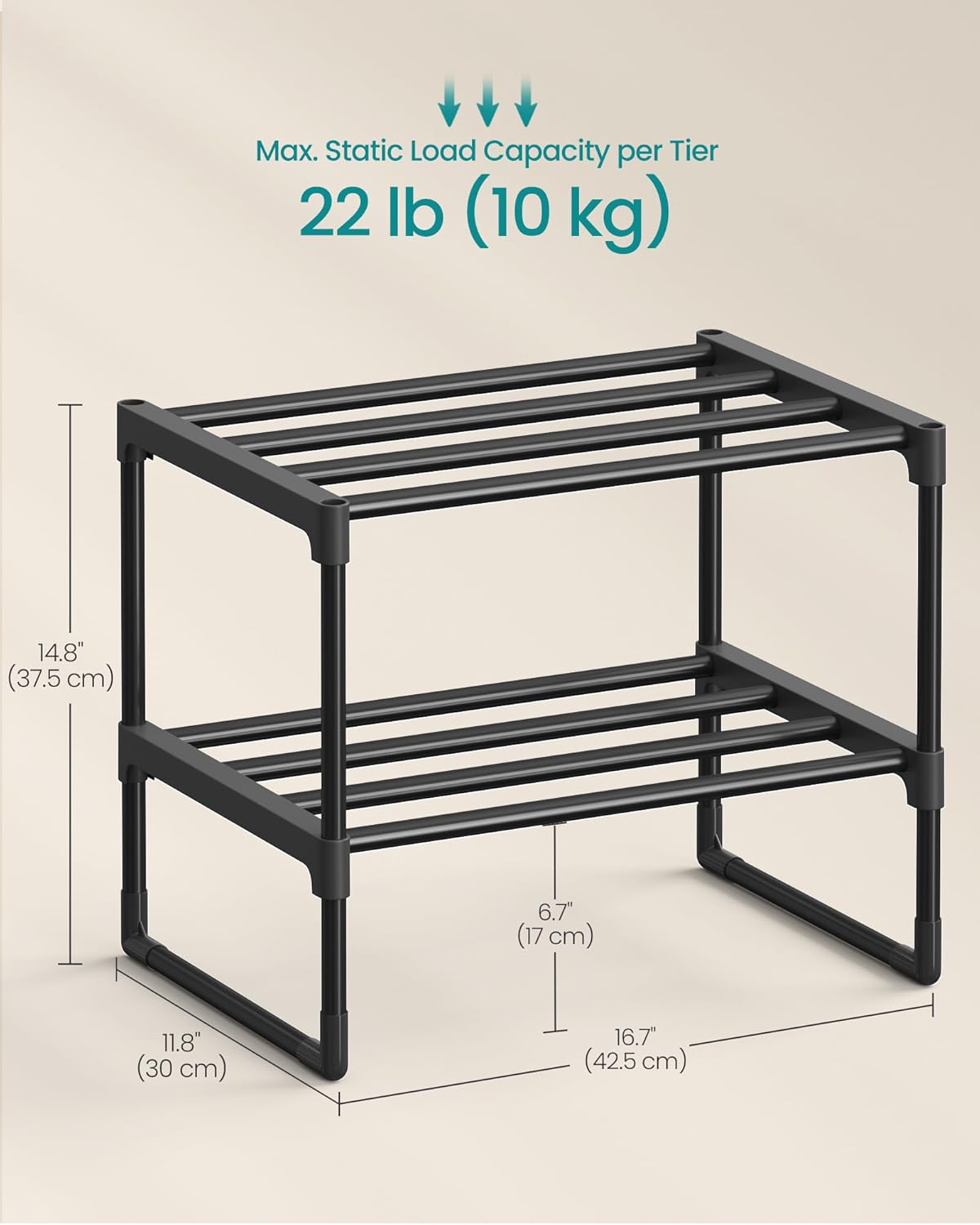 SONGMICS 2-Tier Shoe Rack - Stackable Metal Organizer for 3-6 Pairs - Black, 11.8 x 16.7 x 14.8 Inches
