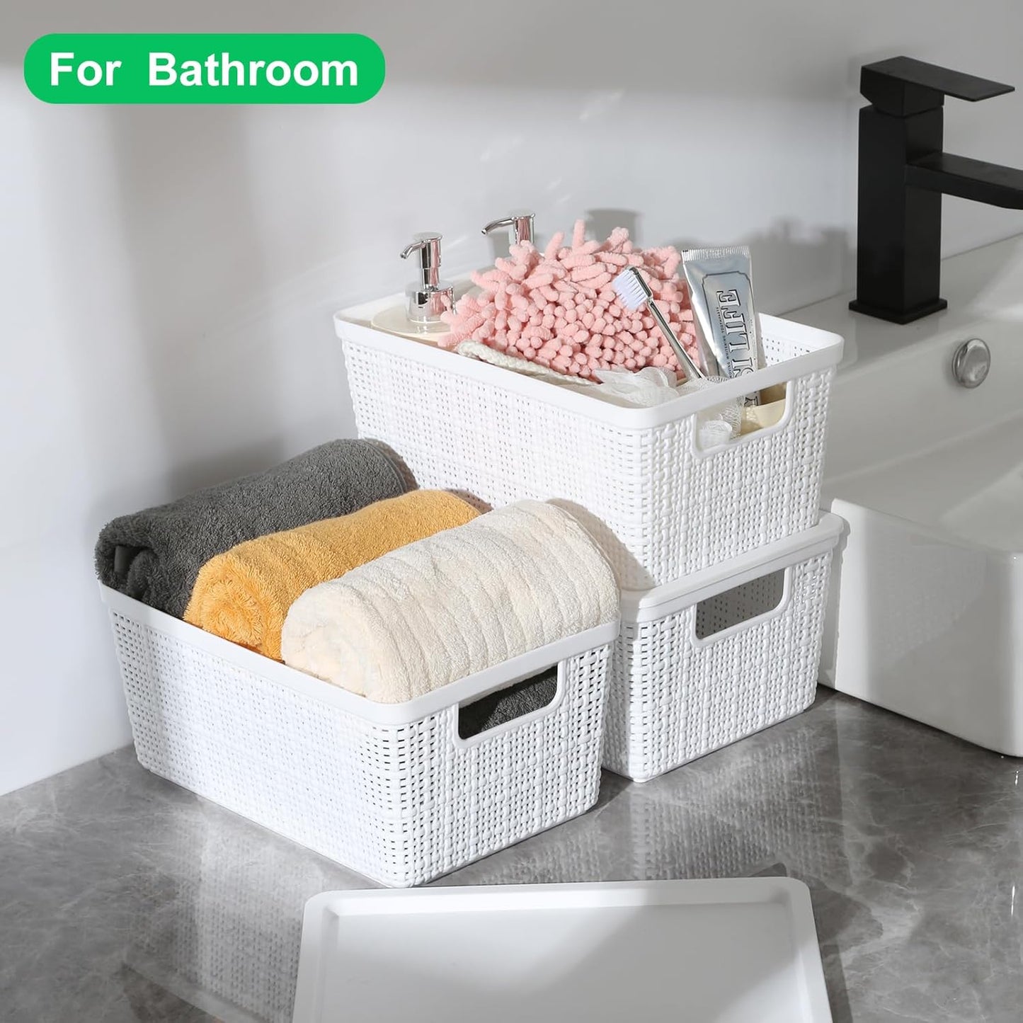 Skiennix 6-Pack Plastic Storage Baskets - Stackable White Bins with Lids for Organizing Desktops & Closets