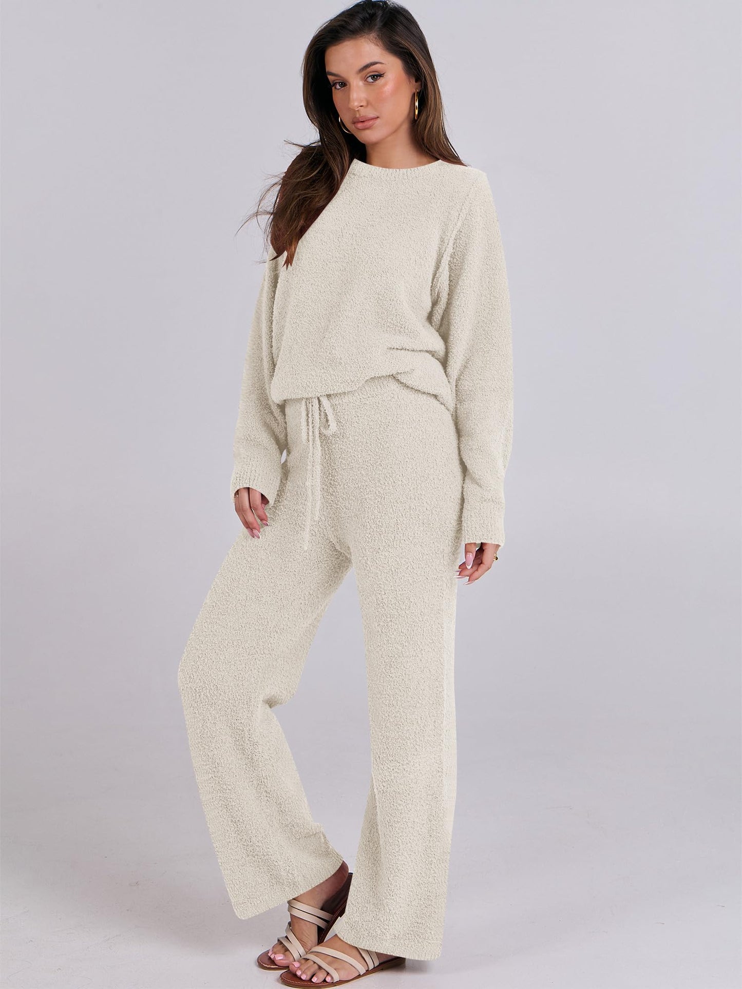 ANRABESS Women's 2 Piece Pajama Sets Long Sleeve Top Wide Leg Pants Fuzzy Fleece Lounge Matching Set 2025 Fall Winter Outfits Beige Medium