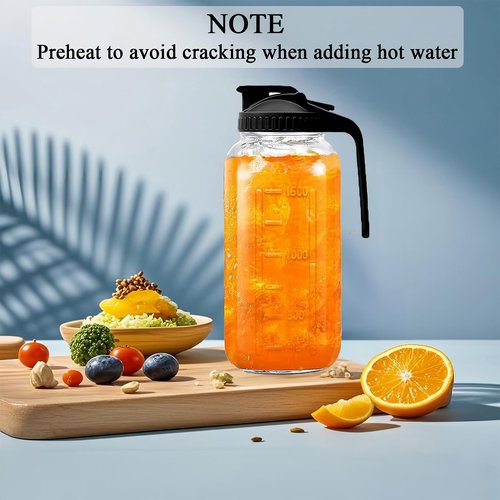 64oz Glass Pitcher Carafes With Handle and Lid, 2 Quart Mason Jar, Large Water Jug, Glass Containers for Fridge, Water Pitcher for Juice, Iced & Sun Tea, Cold Brew Coffee, Homemade Beverage