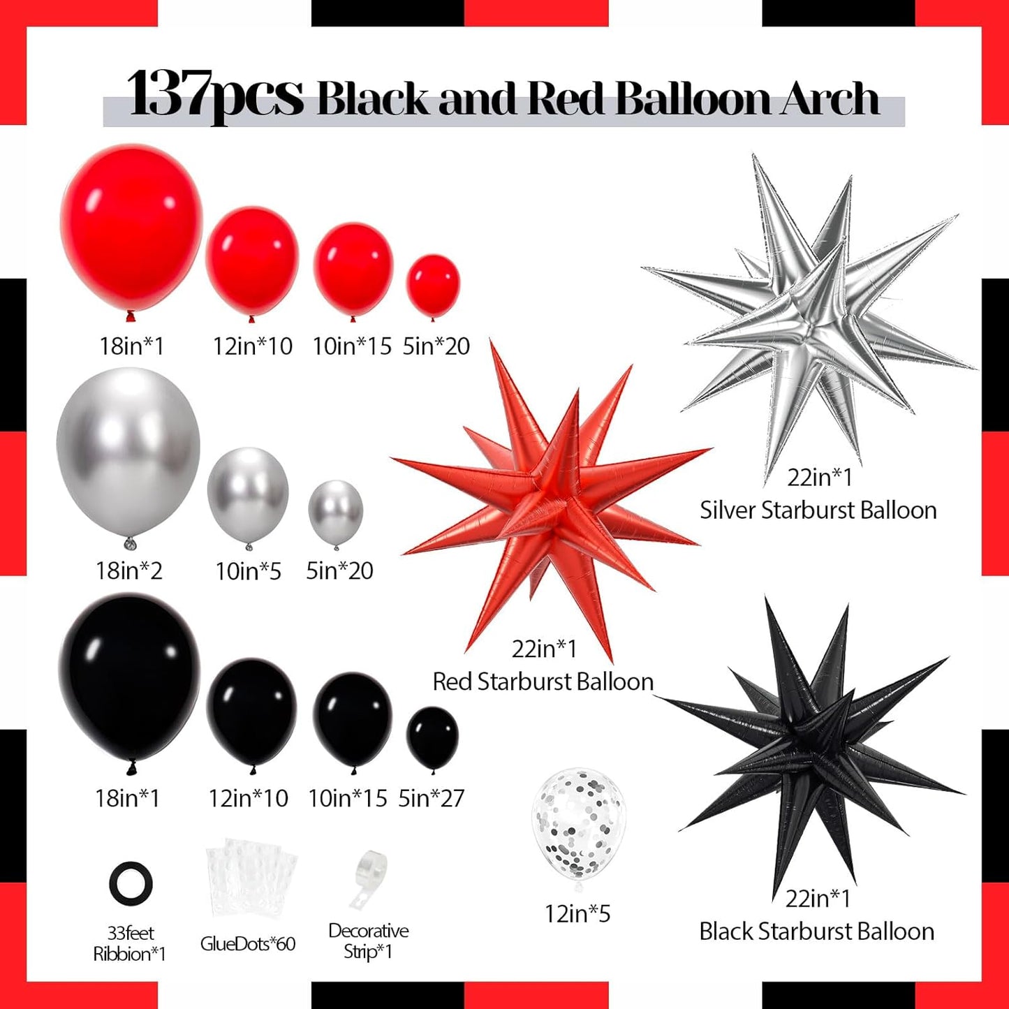Red & Black Balloon Arch Kit - 3 Star Balloons & Garland for Birthday, Graduation & New Year Celebrations