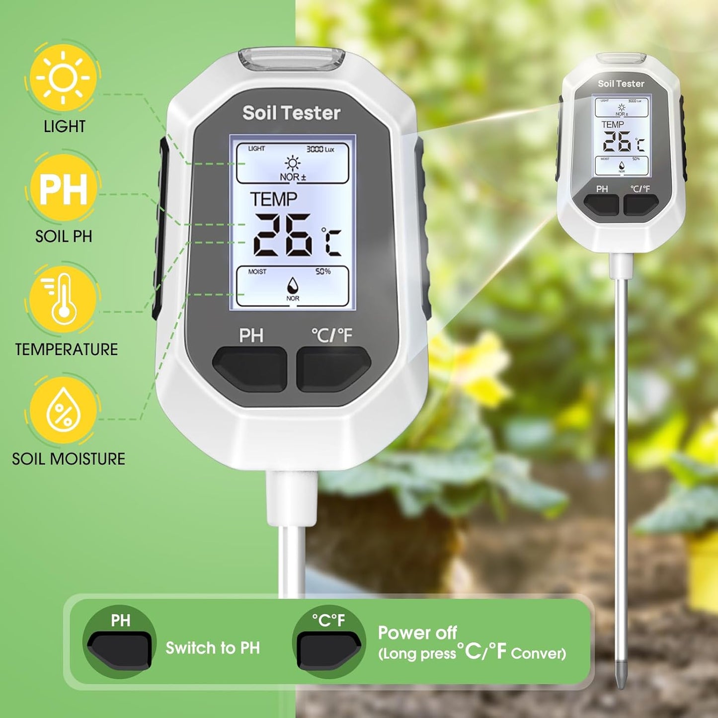 YAMRON 4-in-1 Soil Moisture Meter - Digital Plant Temperature, pH & Sunlight Tester | Backlit LCD Display for Gardening